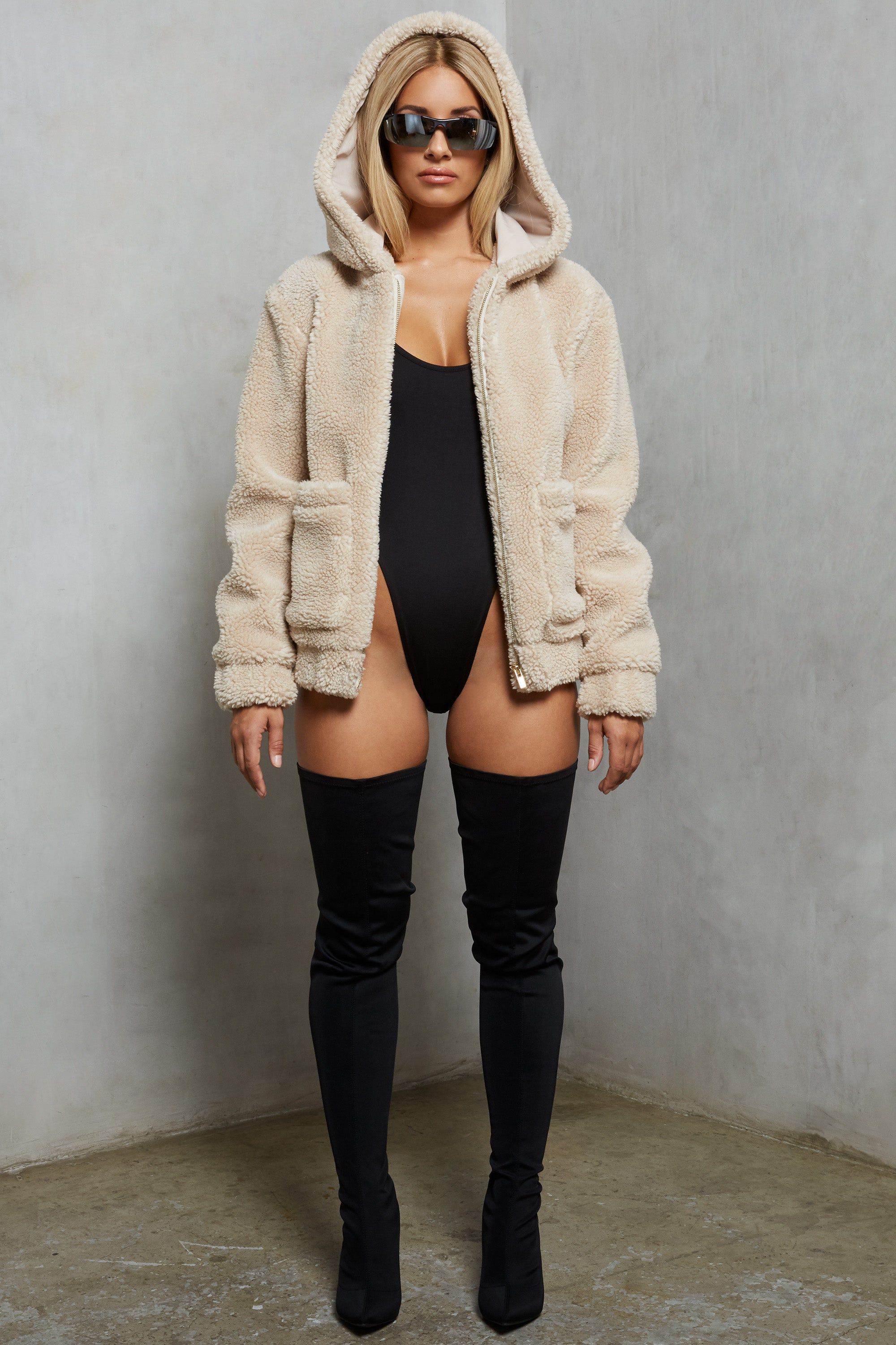 Shearling Hooded Faux Fur Teddy Jacket in Beige sold by Oh Polly product image thumbnail 8