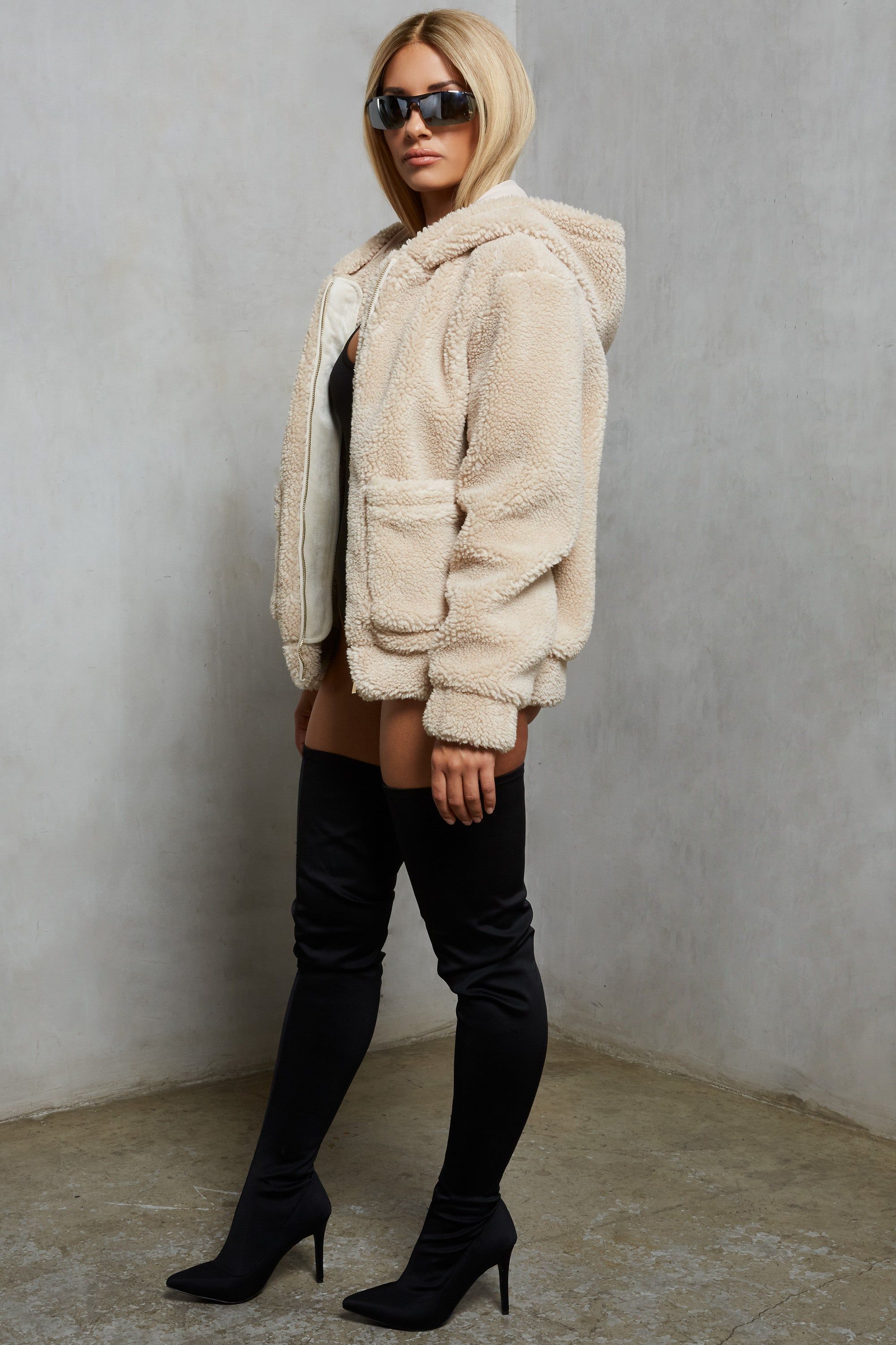 Shearling Hooded Faux Fur Teddy Jacket in Beige sold by Oh Polly product image thumbnail 2