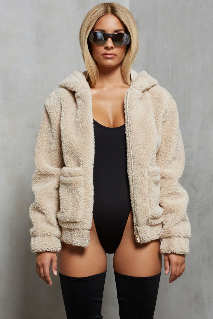 Shearling Hooded Faux Fur Teddy Jacket in Beige sold by Oh Polly product image thumbnail 14