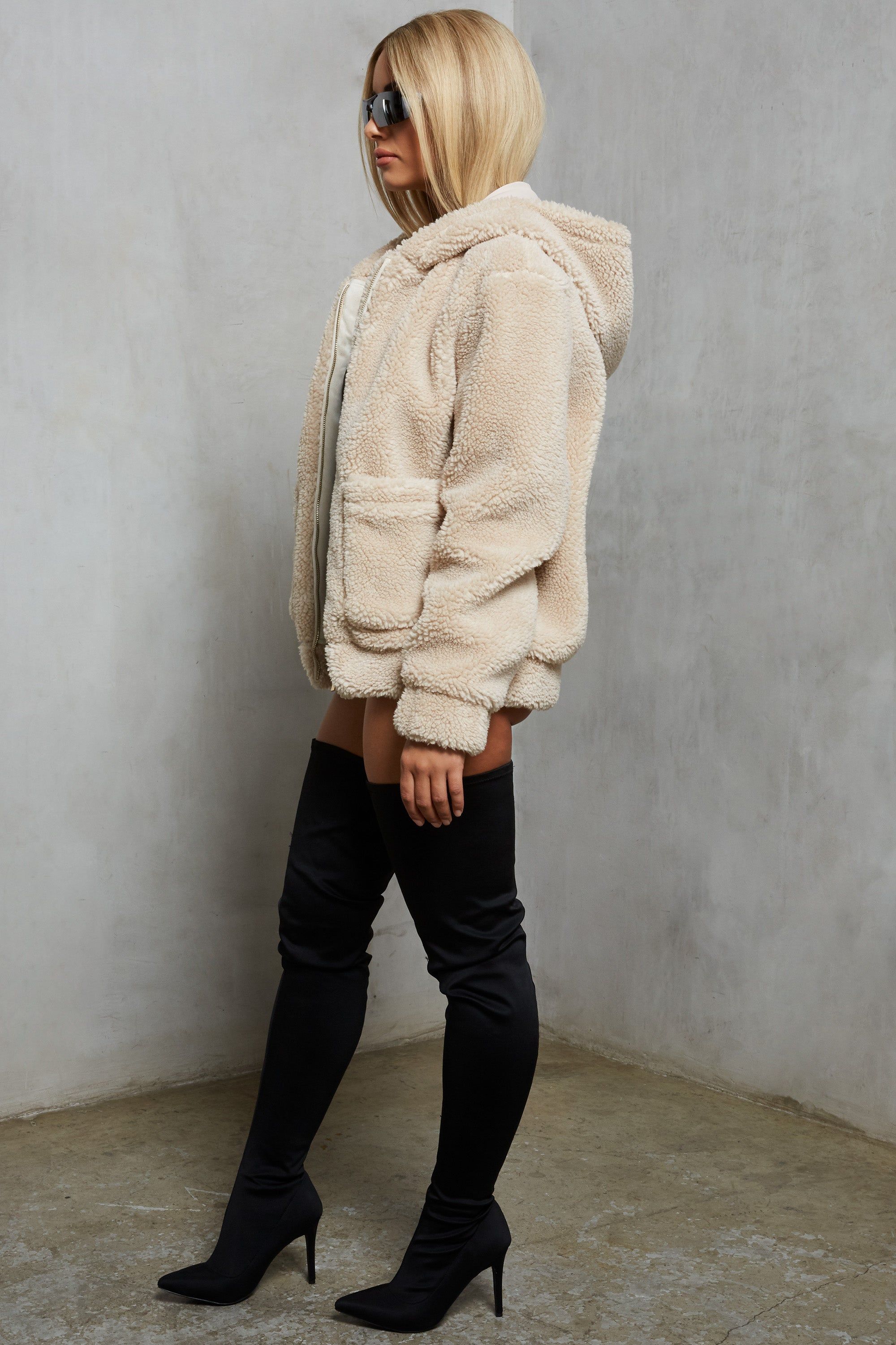 Shearling Hooded Faux Fur Teddy Jacket in Beige sold by Oh Polly product image thumbnail 3