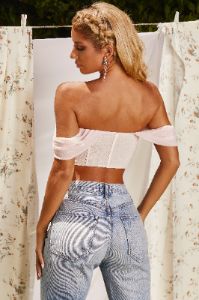 Runway Bardot Mesh Corset Crop Top in Pink sold by Oh Polly