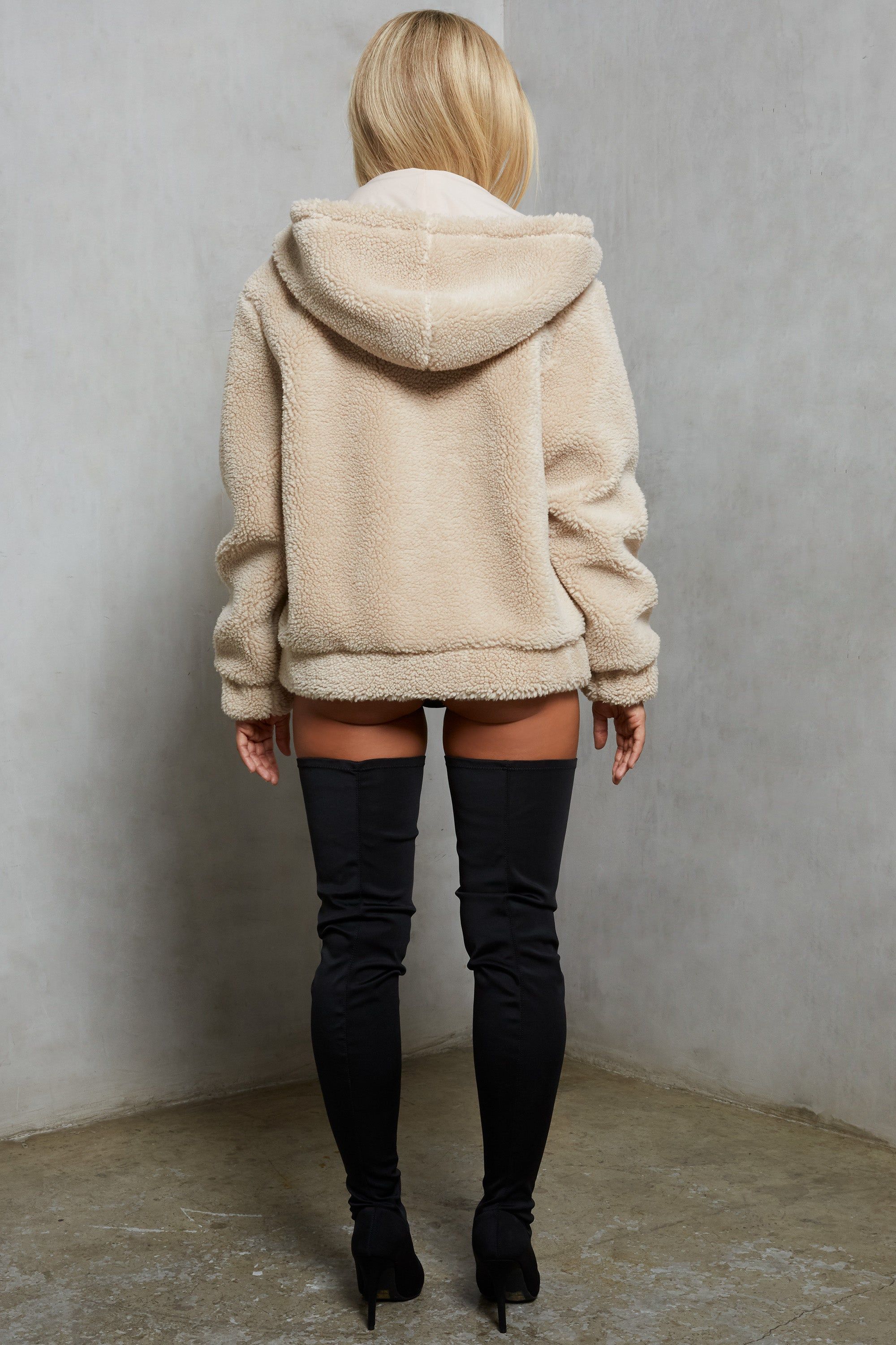 Shearling Hooded Faux Fur Teddy Jacket in Beige sold by Oh Polly product image thumbnail 4