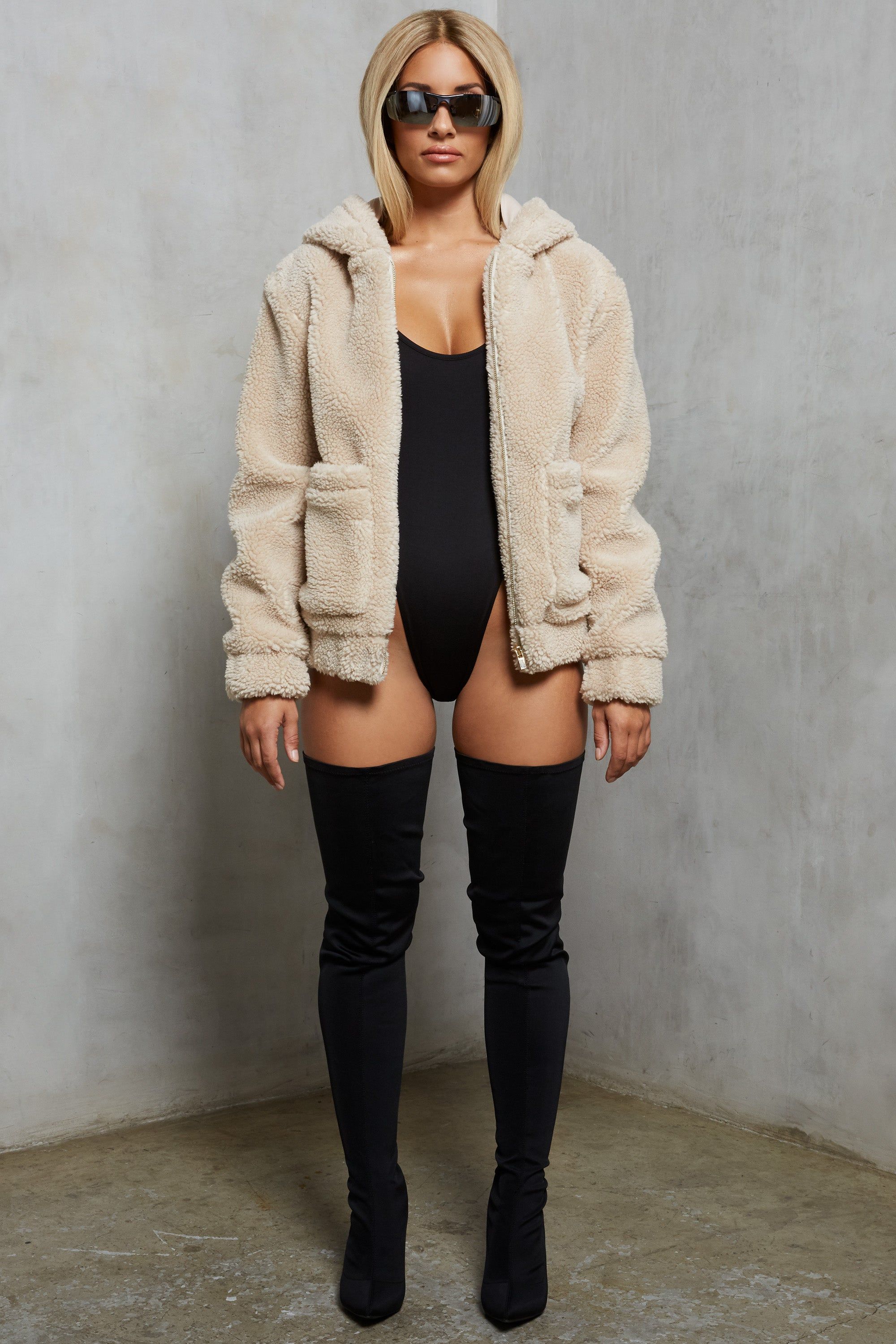 Shearling Hooded Faux Fur Teddy Jacket in Beige sold by Oh Polly