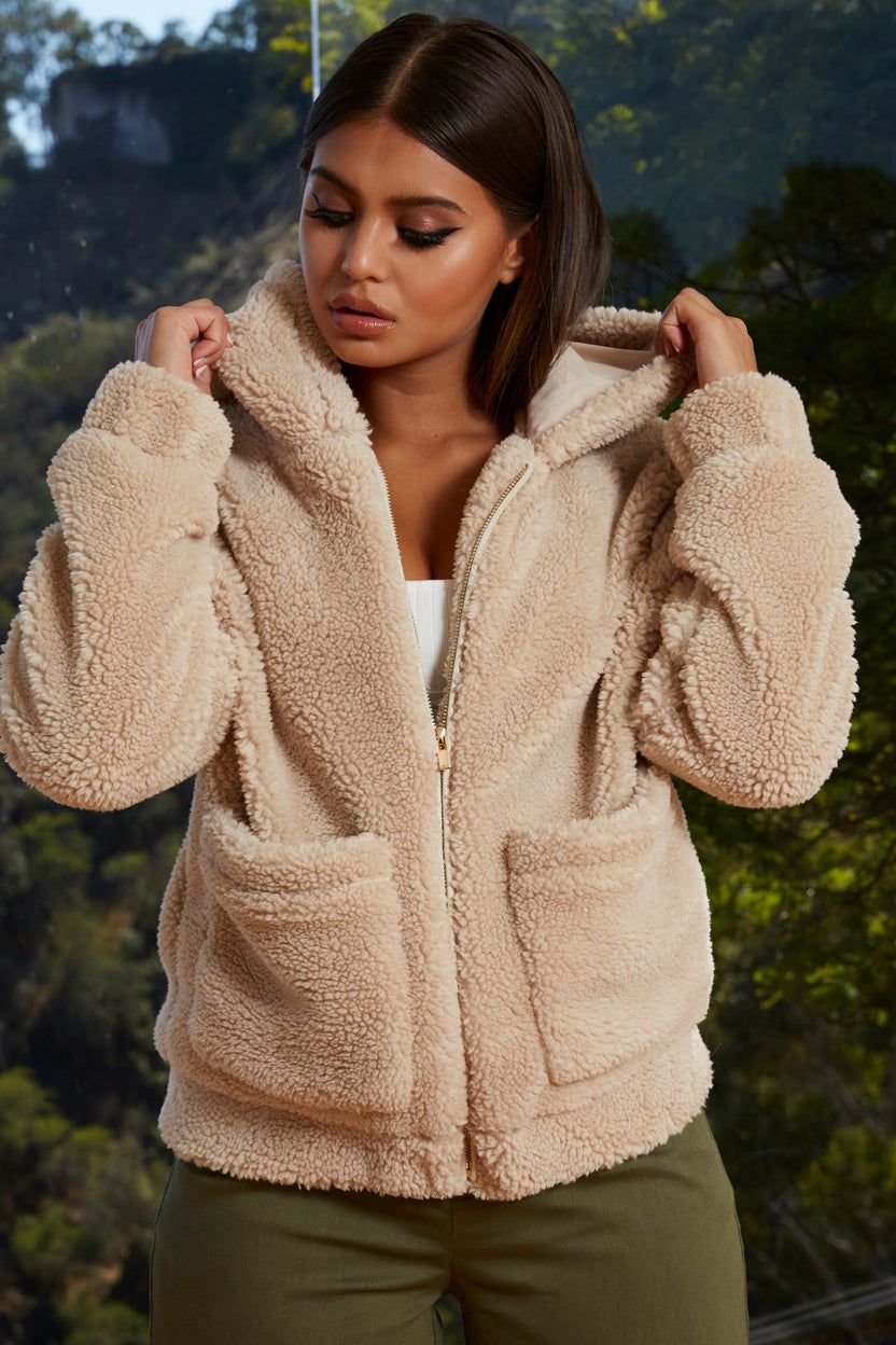 Shearling Hooded Faux Fur Teddy Jacket in Beige sold by Oh Polly product image thumbnail 15
