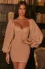 Haute Nights Balloon Sleeve Corset Mini Dress in Beige sold by Oh Polly