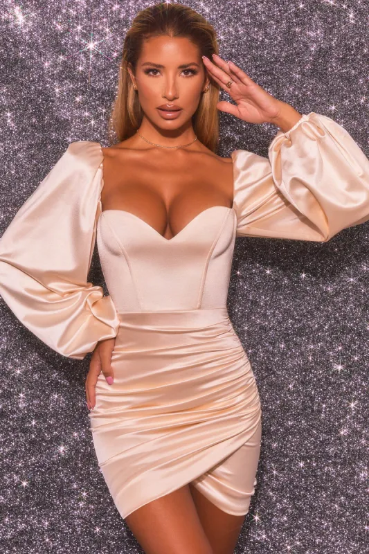 Shining Beauty Long Sleeve Wrap Satin Mini Dress in Ivory sold by Oh Polly