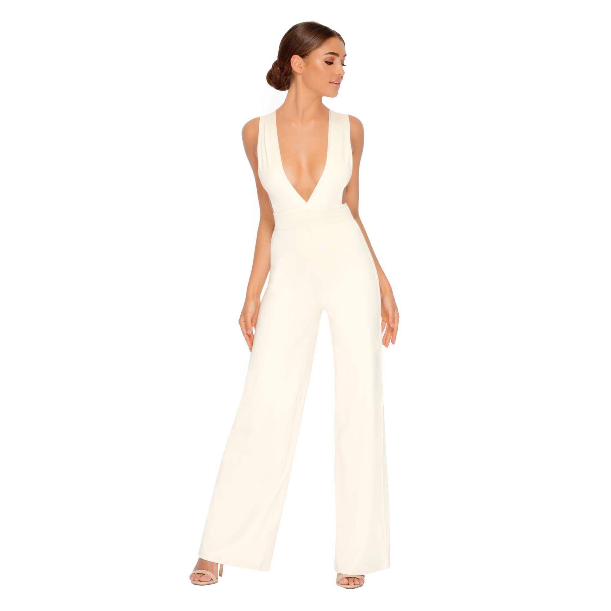 Just Say Flow Double Layered Plunge Jumpsuit in Cream sold by Oh Polly