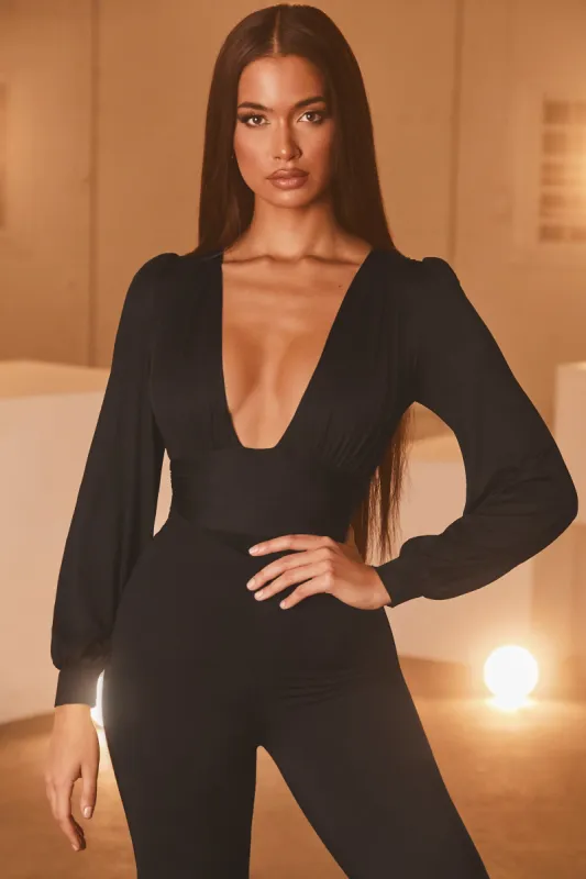 Body Like That Plunge Neck Long Sleeve Bodysuit in Black sold by Oh Polly