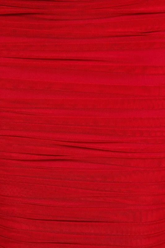Fit The Bill Ruched Mesh Bodycon Midaxi Dress in Red sold by Oh Polly
