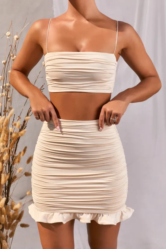 Frill Seeker Ruched Crop Top in Ivory sold by Oh Polly