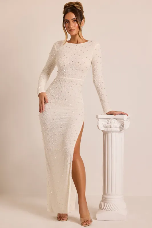 Embellished Long Sleeve Backless Maxi Dress in White sold by Oh Polly
