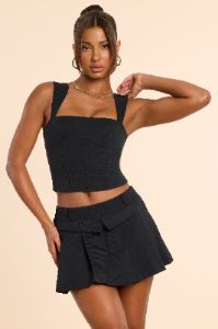 Woven Wool Mid Rise Pleated Micro Mini Skirt in Black sold by Oh Polly