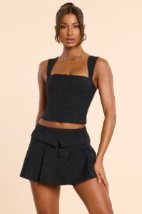 Woven Wool Mid Rise Pleated Micro Mini Skirt in Black sold by Oh Polly