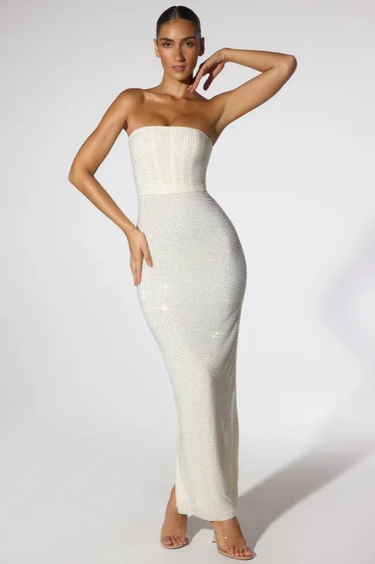 Embellished Strapless Evening Gown in Ivory sold by Oh Polly