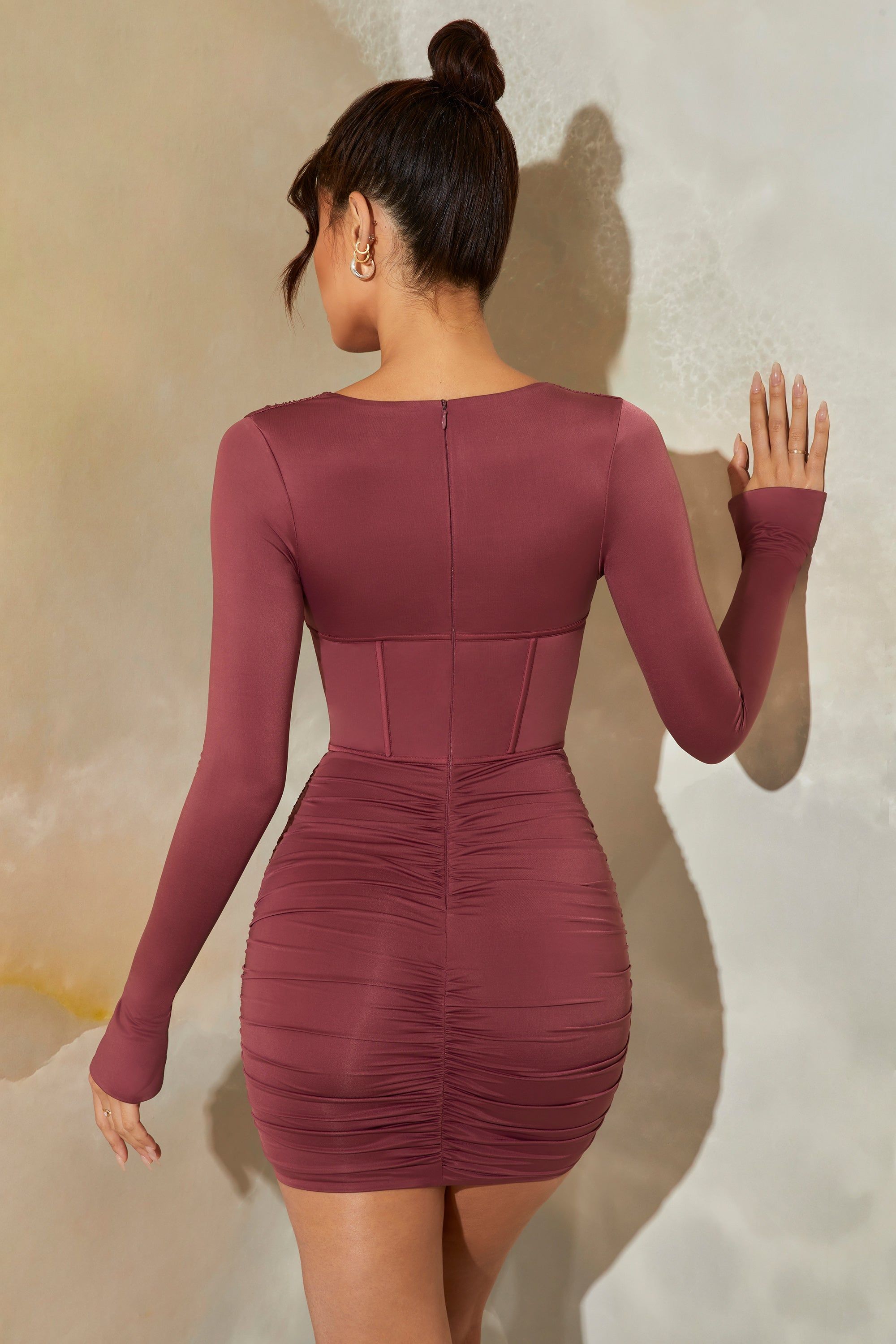 Long Sleeve Cowl Neck Corset Mini Dress in Dark Mauve sold by Oh Polly product image thumbnail 2