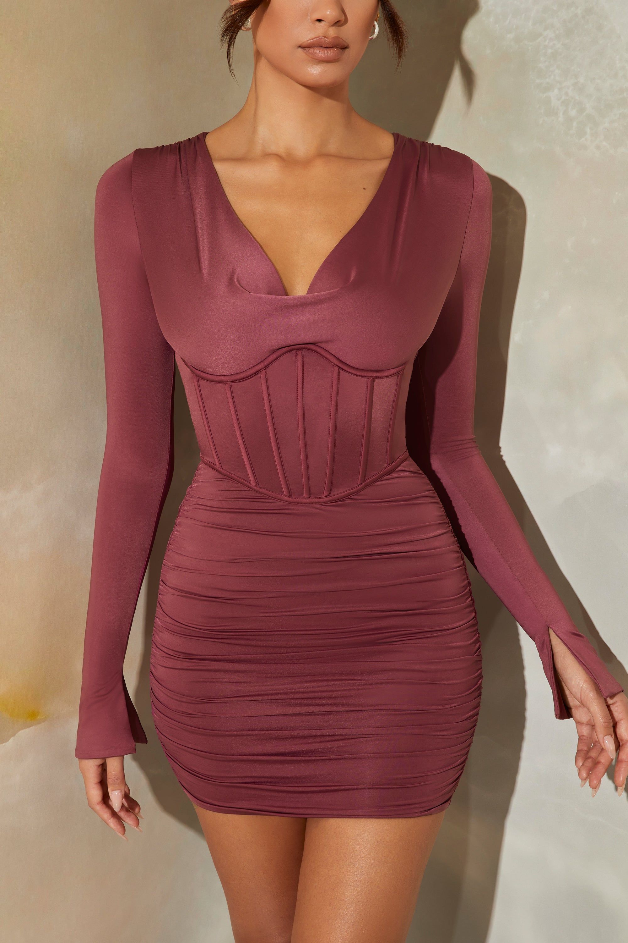 Long Sleeve Cowl Neck Corset Mini Dress in Dark Mauve sold by Oh Polly product image thumbnail 4