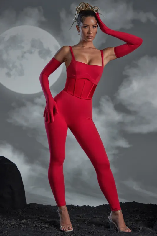 Square Neckline Jumpsuit with Gloves in Red sold by Oh Polly