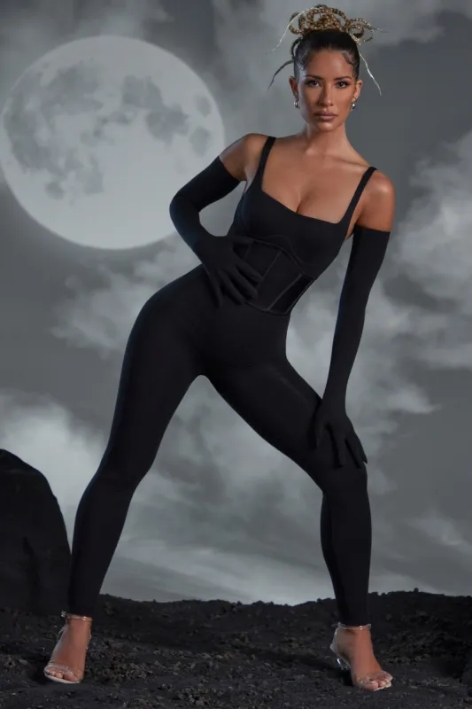 Square Neckline Jumpsuit with Gloves in Black sold by Oh Polly