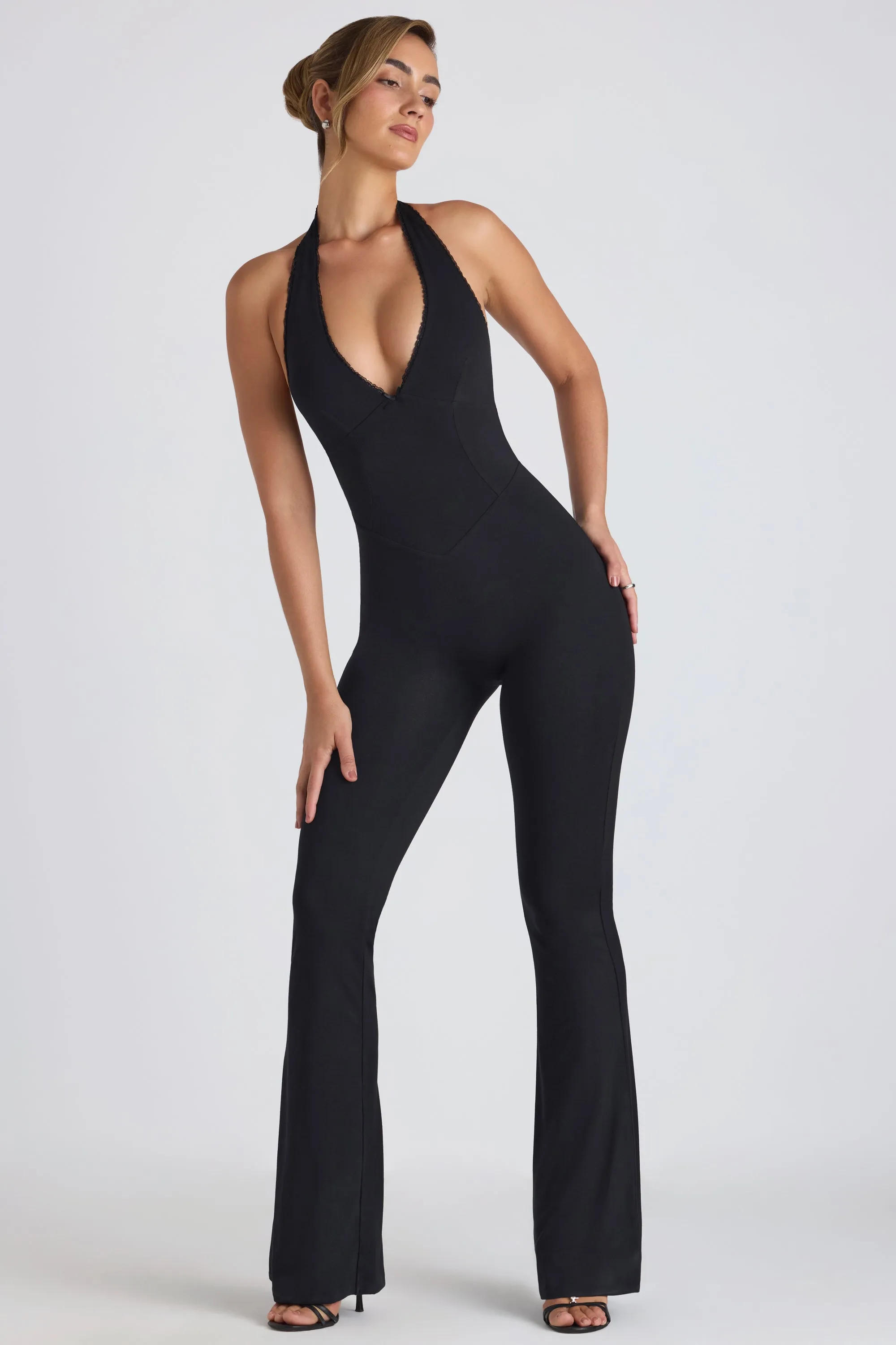 Modal Lace-Trim Cut-Out Flared Jumpsuit in Black sold by Oh Polly product image thumbnail 5