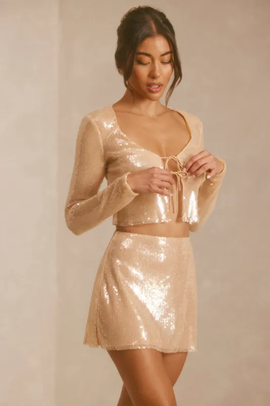 Sheer Sequin Side Split Mid Rise Mini Skirt in Tan sold by Oh Polly