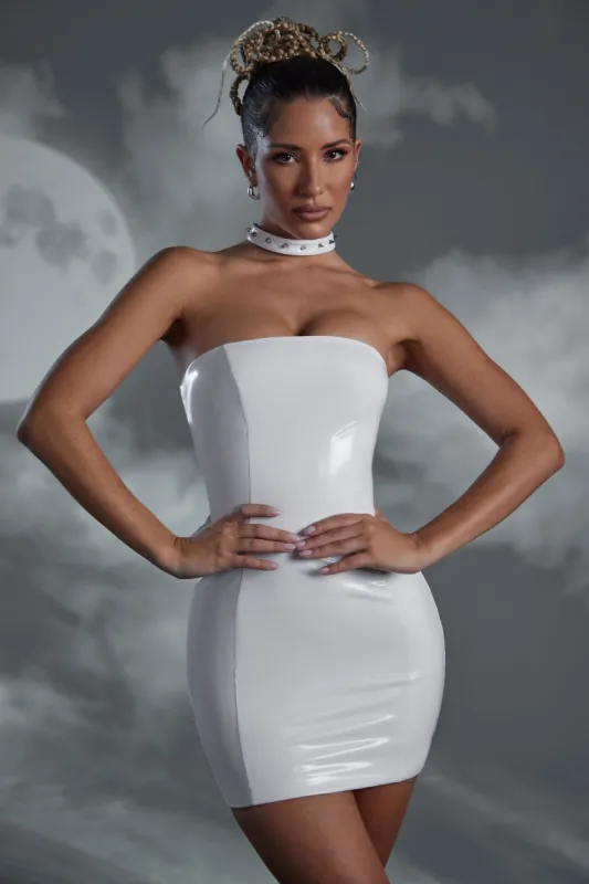 Studded Back Strap Vinyl Mini Dress in White sold by Oh Polly