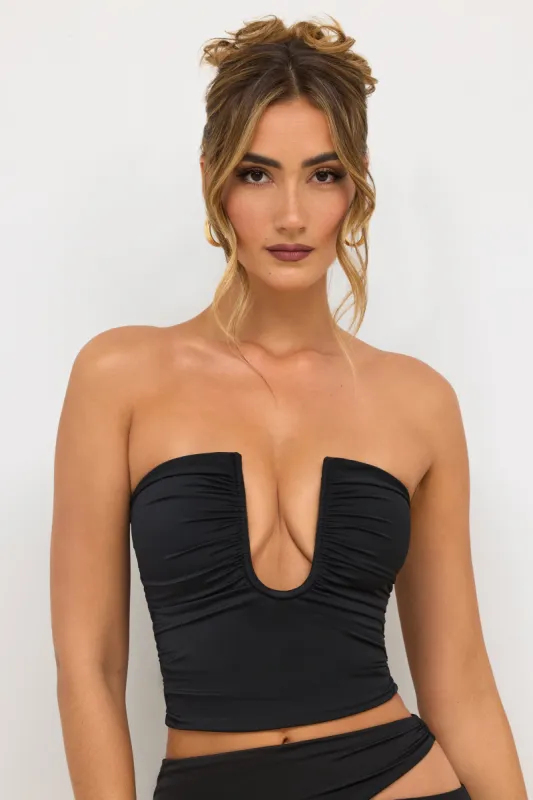 Premium Jersey Strapless Plunge Neck Top in Black sold by Oh Polly