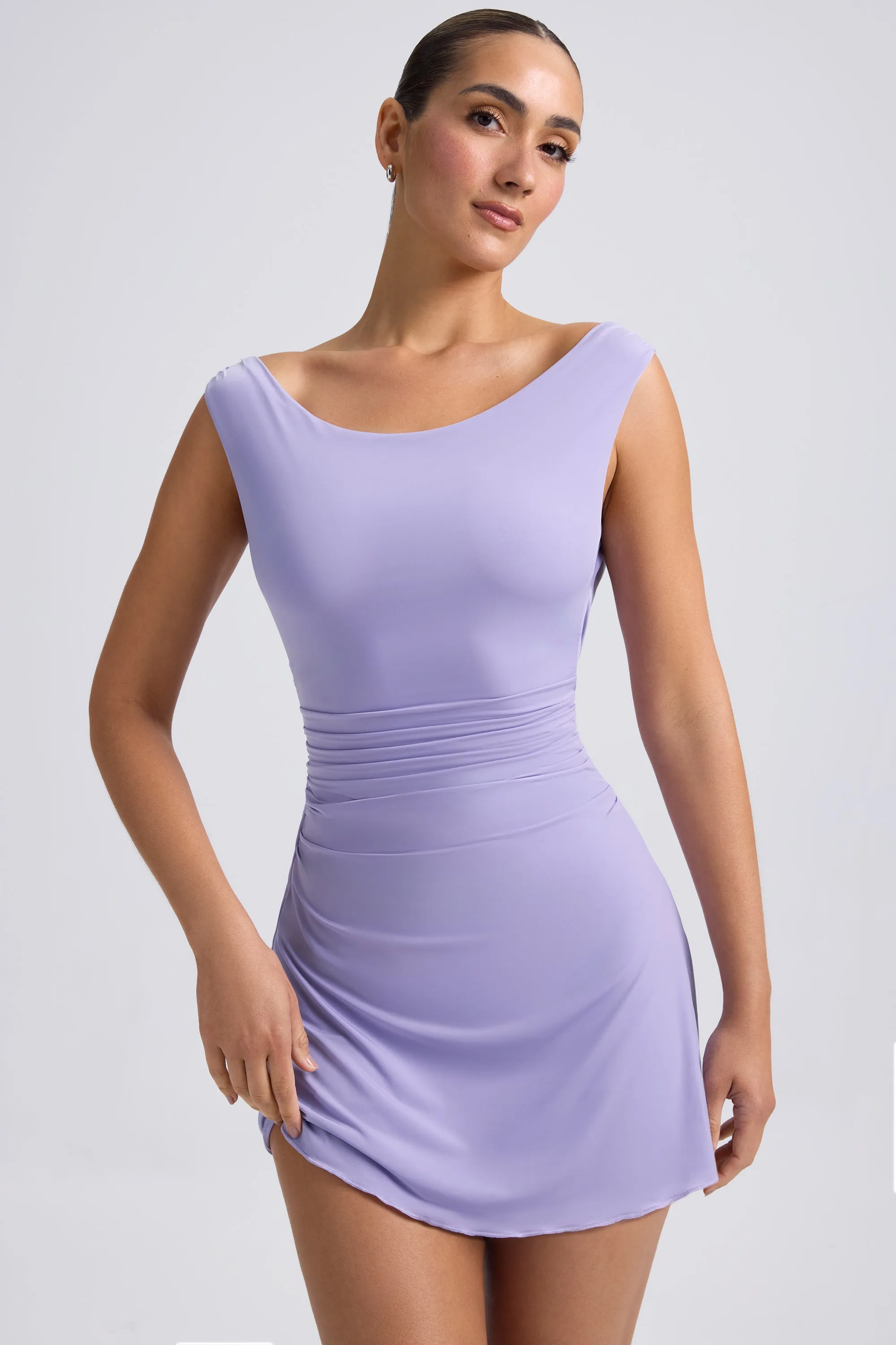 Off-Shoulder Cowl-Back A-Line Mini Dress in Dusty Lilac sold by Oh Polly product image thumbnail 4
