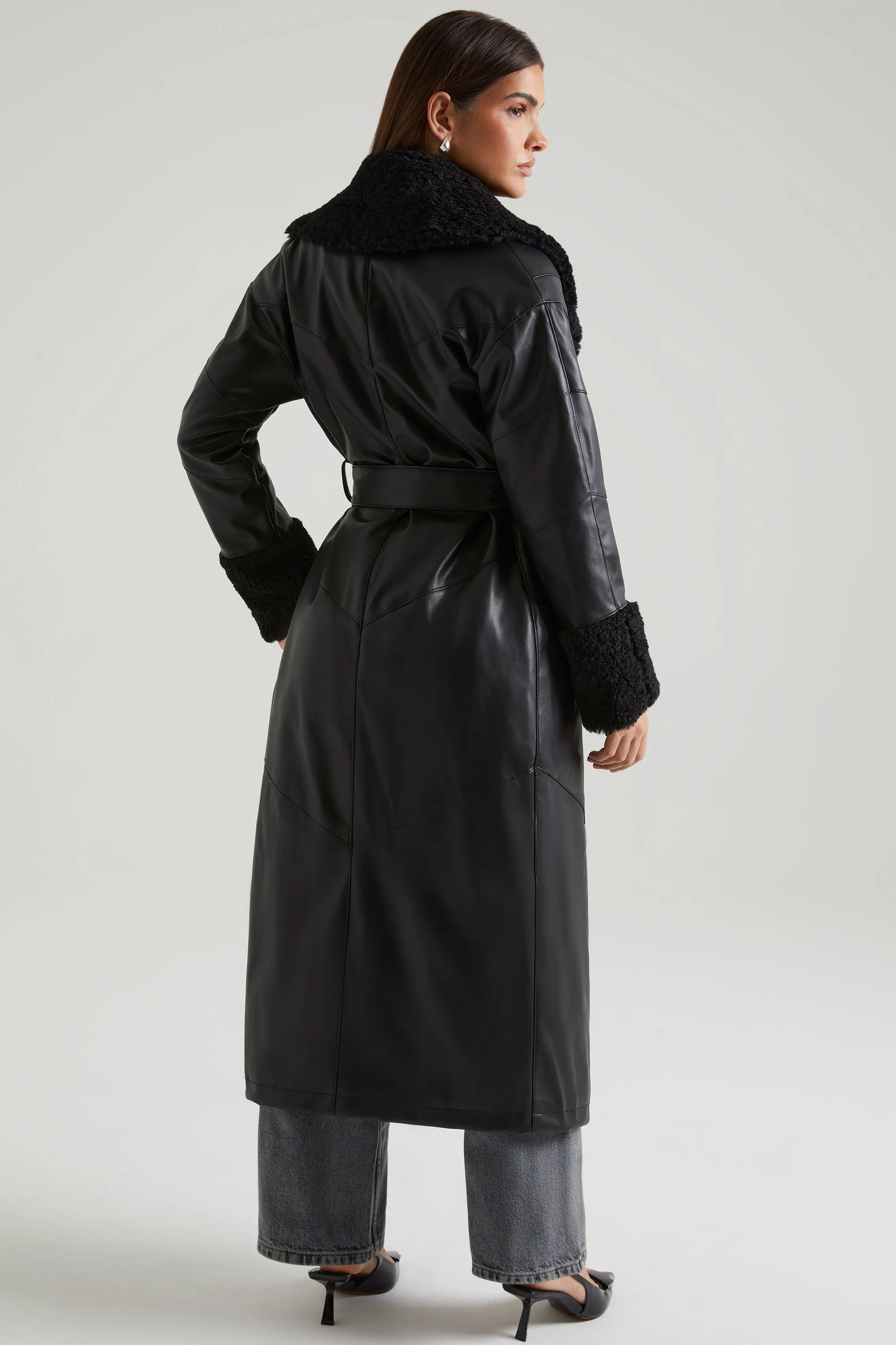 Tie Up Coat with Shearling Collar and Cuffs in Black sold by Oh Polly product image thumbnail 2