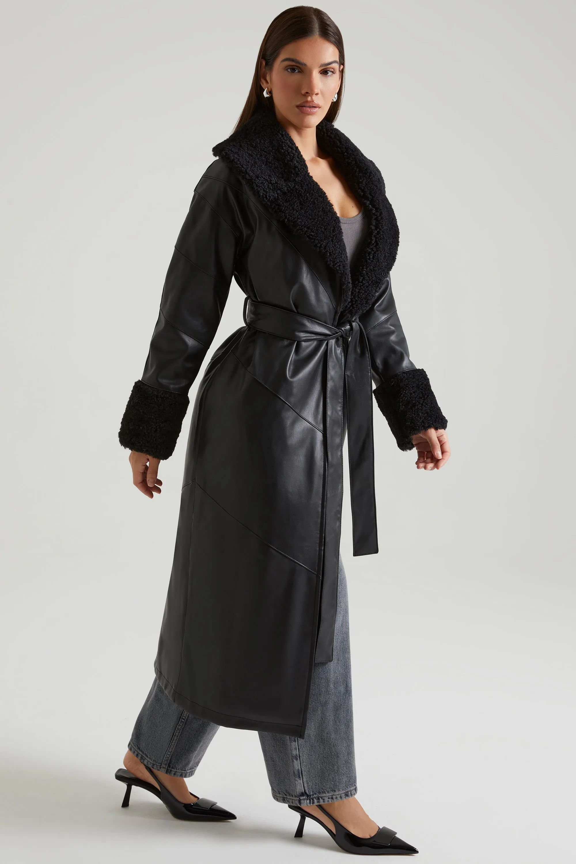 Tie Up Coat with Shearling Collar and Cuffs in Black sold by Oh Polly product image thumbnail 3