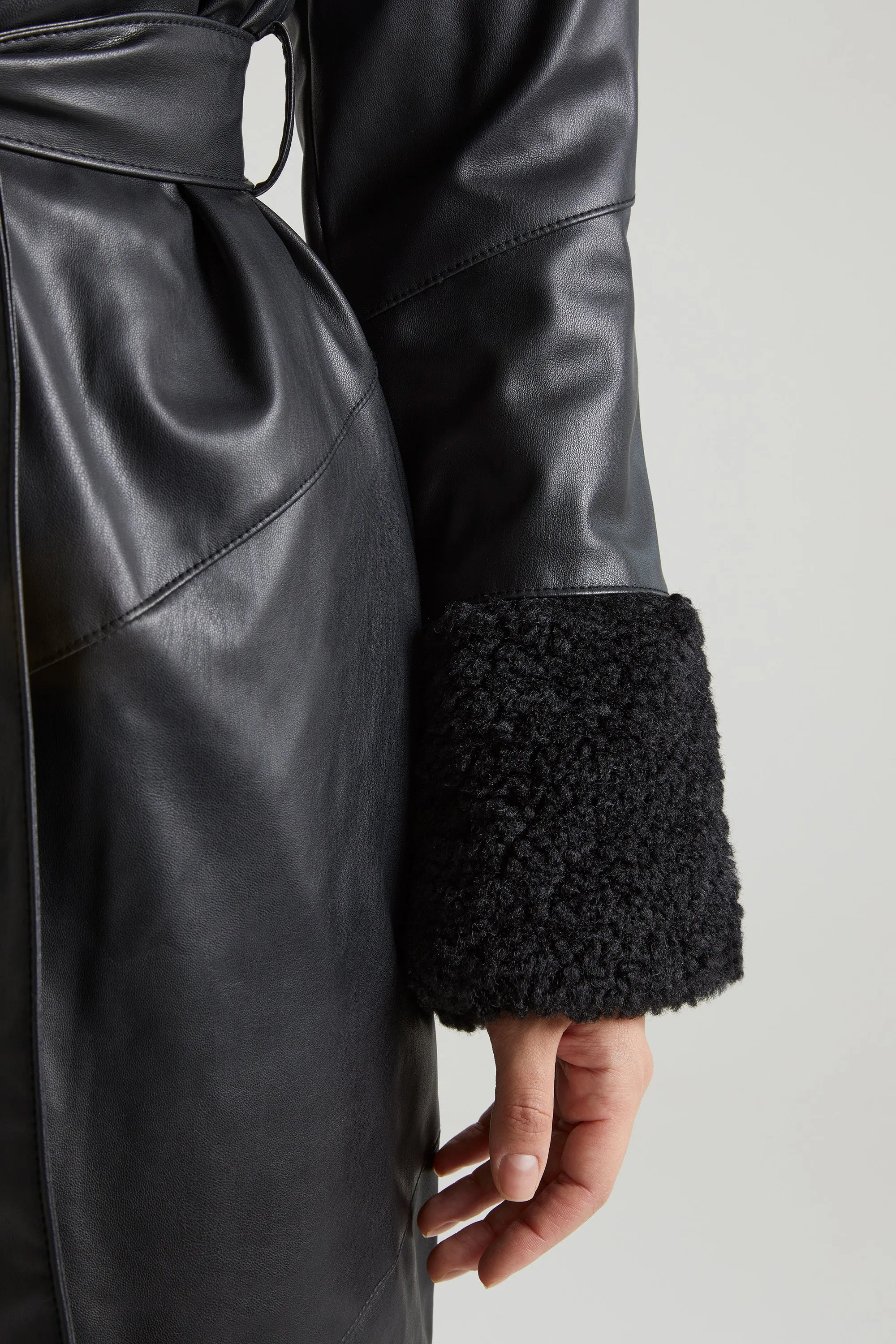 Tie Up Coat with Shearling Collar and Cuffs in Black sold by Oh Polly product image thumbnail 5