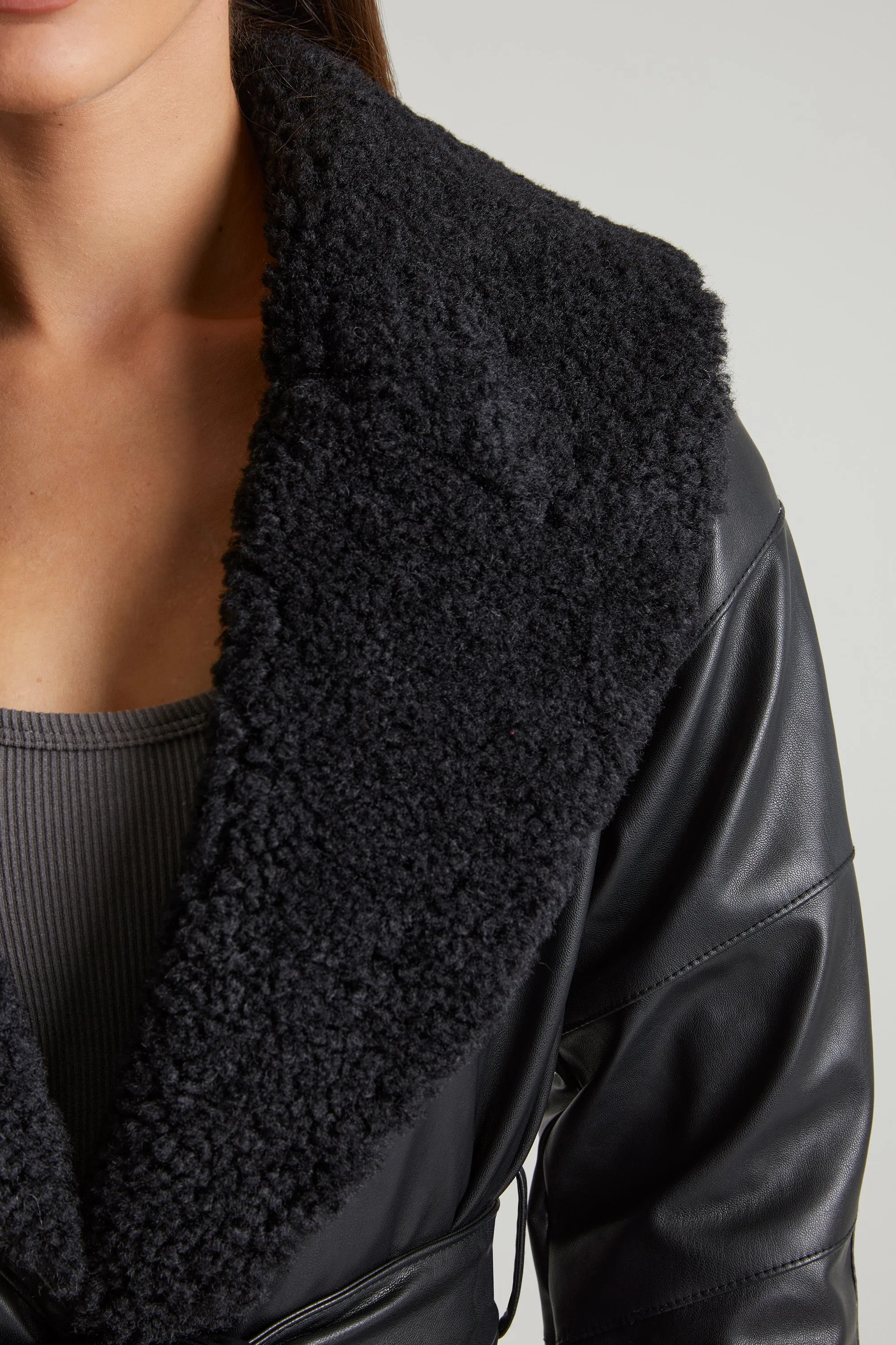 Tie Up Coat with Shearling Collar and Cuffs in Black sold by Oh Polly product image thumbnail 4