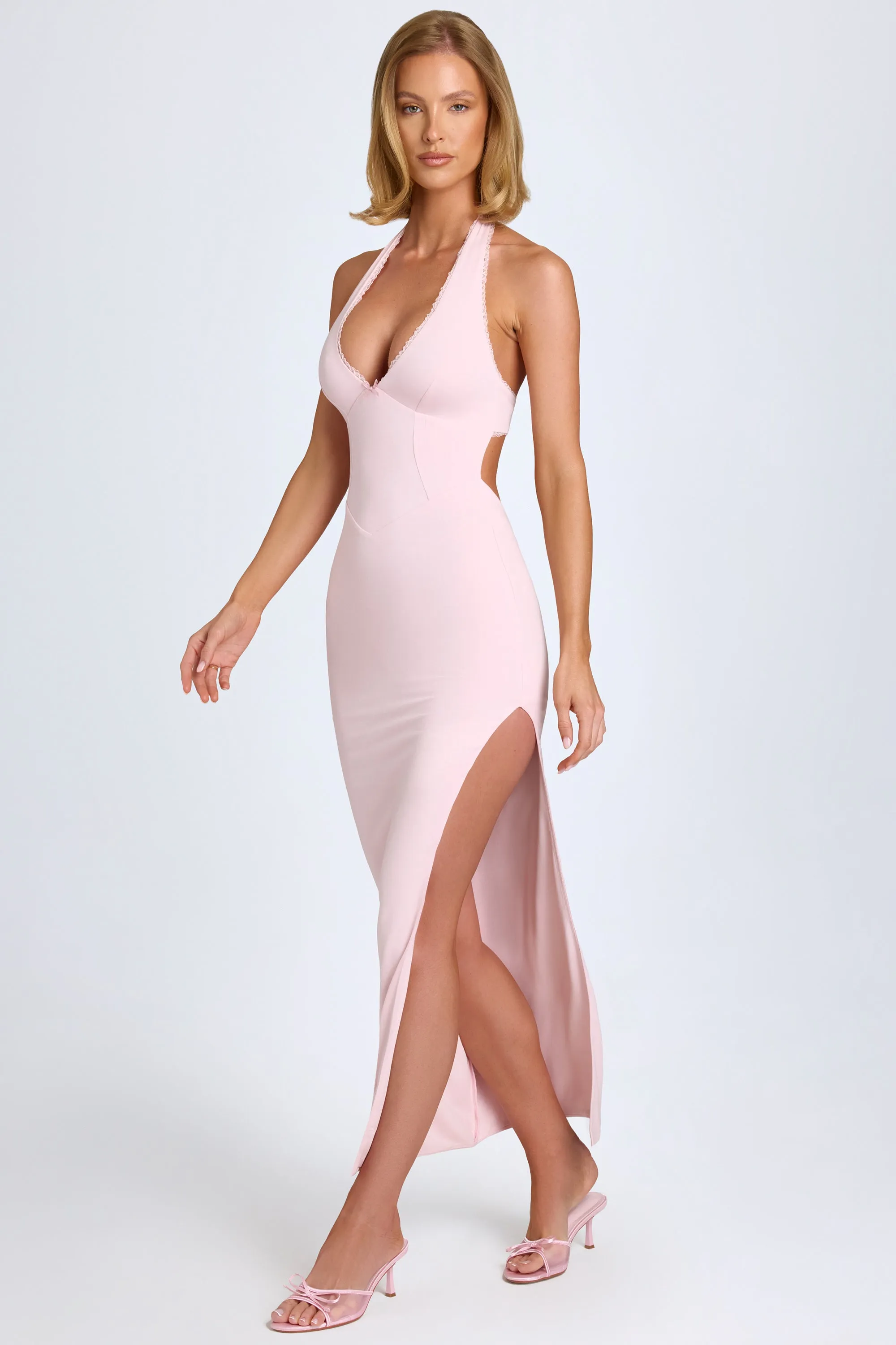 Modal Lace-Trim Halterneck Maxi Dress in Blush sold by Oh Polly