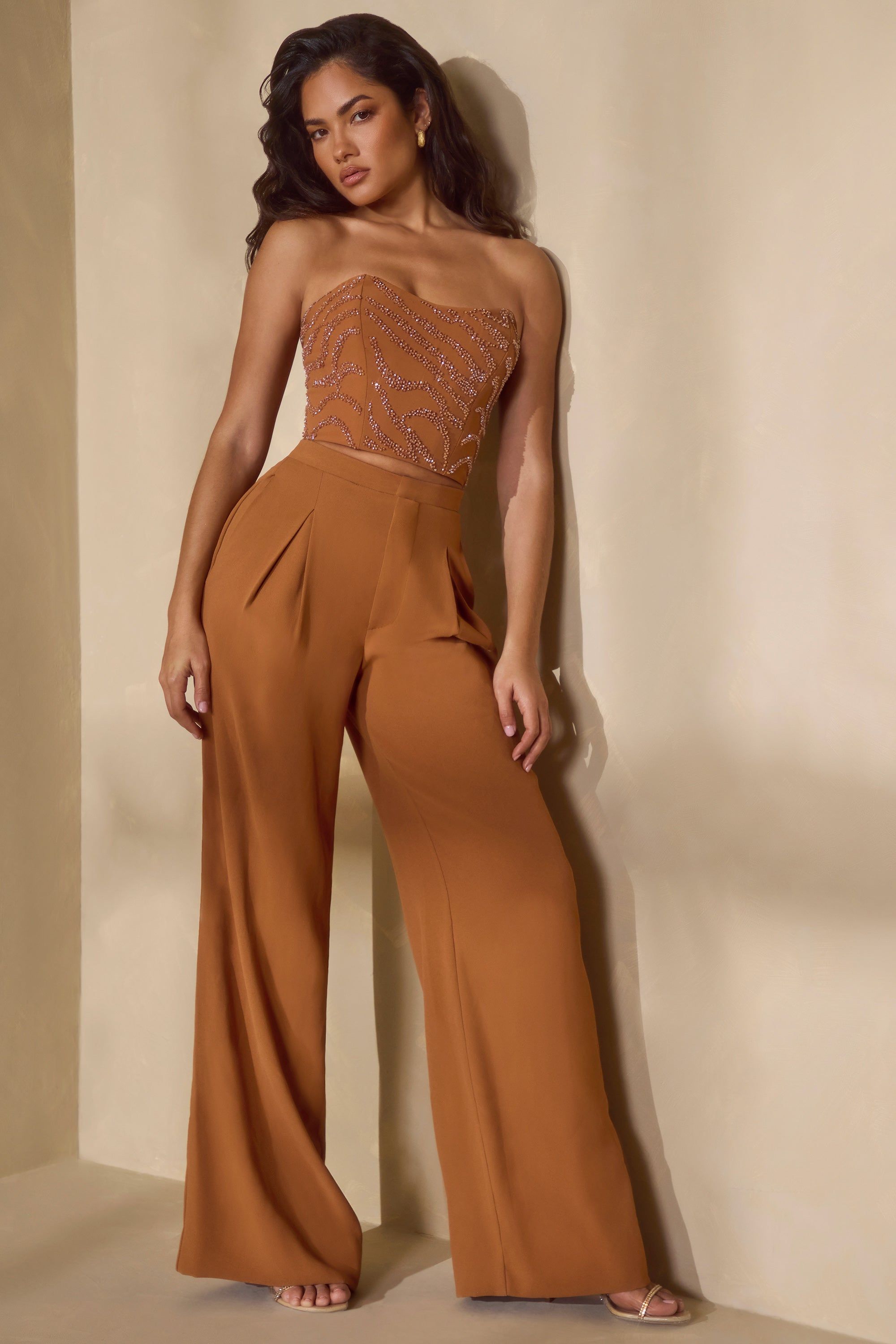 High Waist Wide Leg Trouser in Caramel sold by Oh Polly