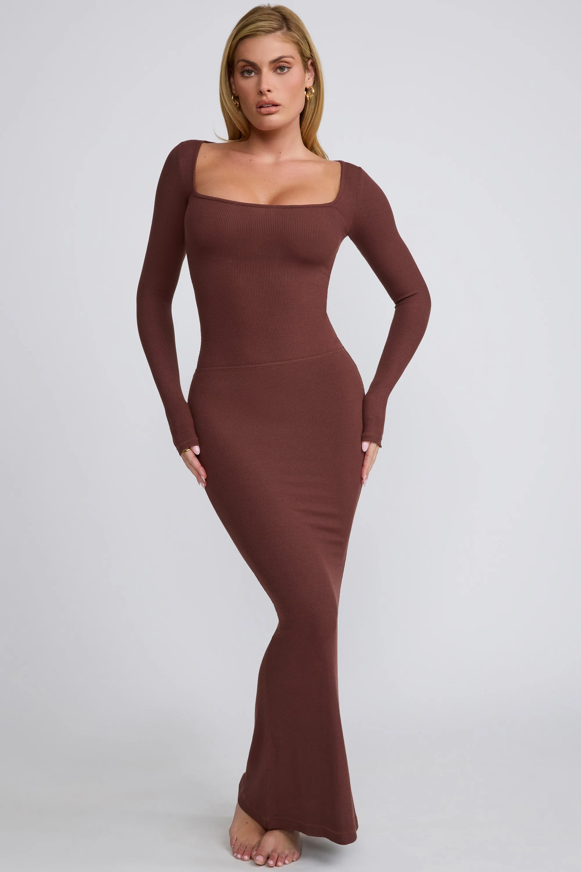 Ribbed Modal Mid Rise Maxi Skirt in Chocolate sold by Oh Polly product image thumbnail 3