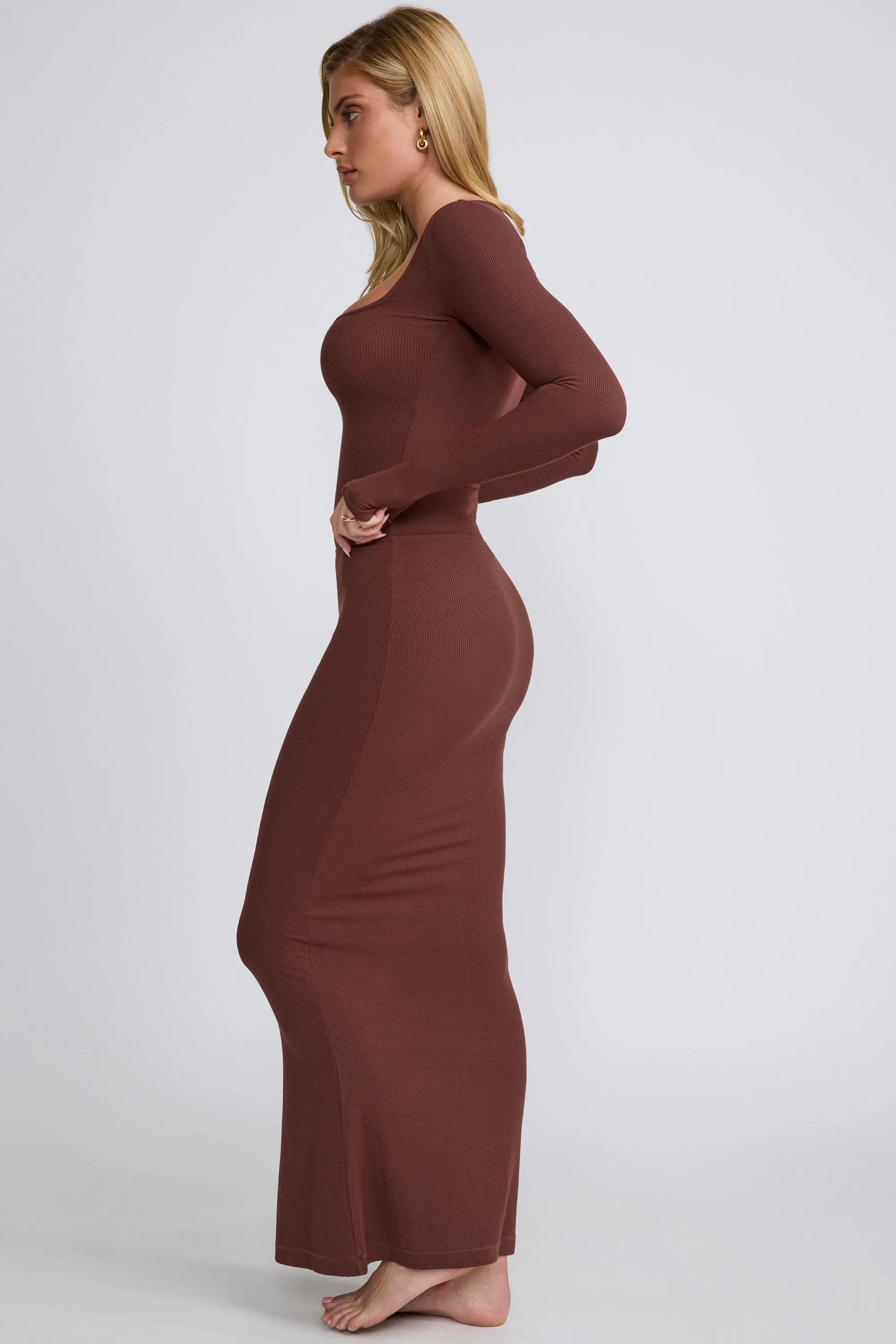 Ribbed Modal Mid Rise Maxi Skirt in Chocolate sold by Oh Polly product image thumbnail 2
