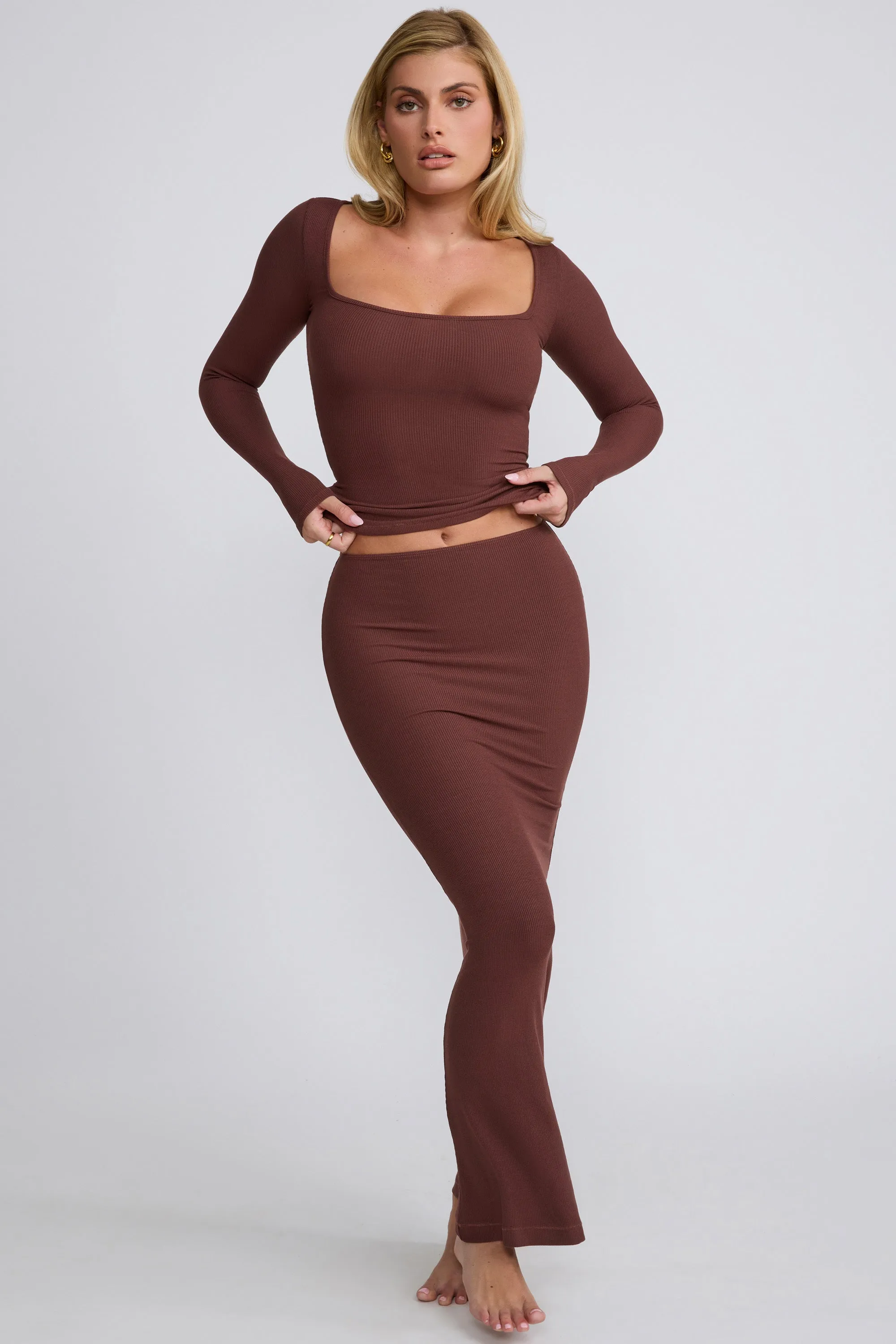 Ribbed Modal Mid Rise Maxi Skirt in Chocolate sold by Oh Polly product image thumbnail 4