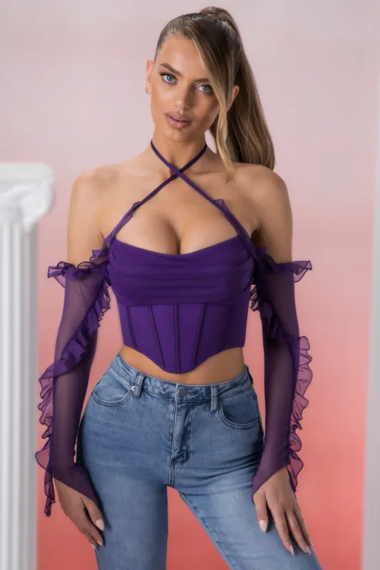 Frill Detail Cowl Neck Crop Top in Violet sold by Oh Polly