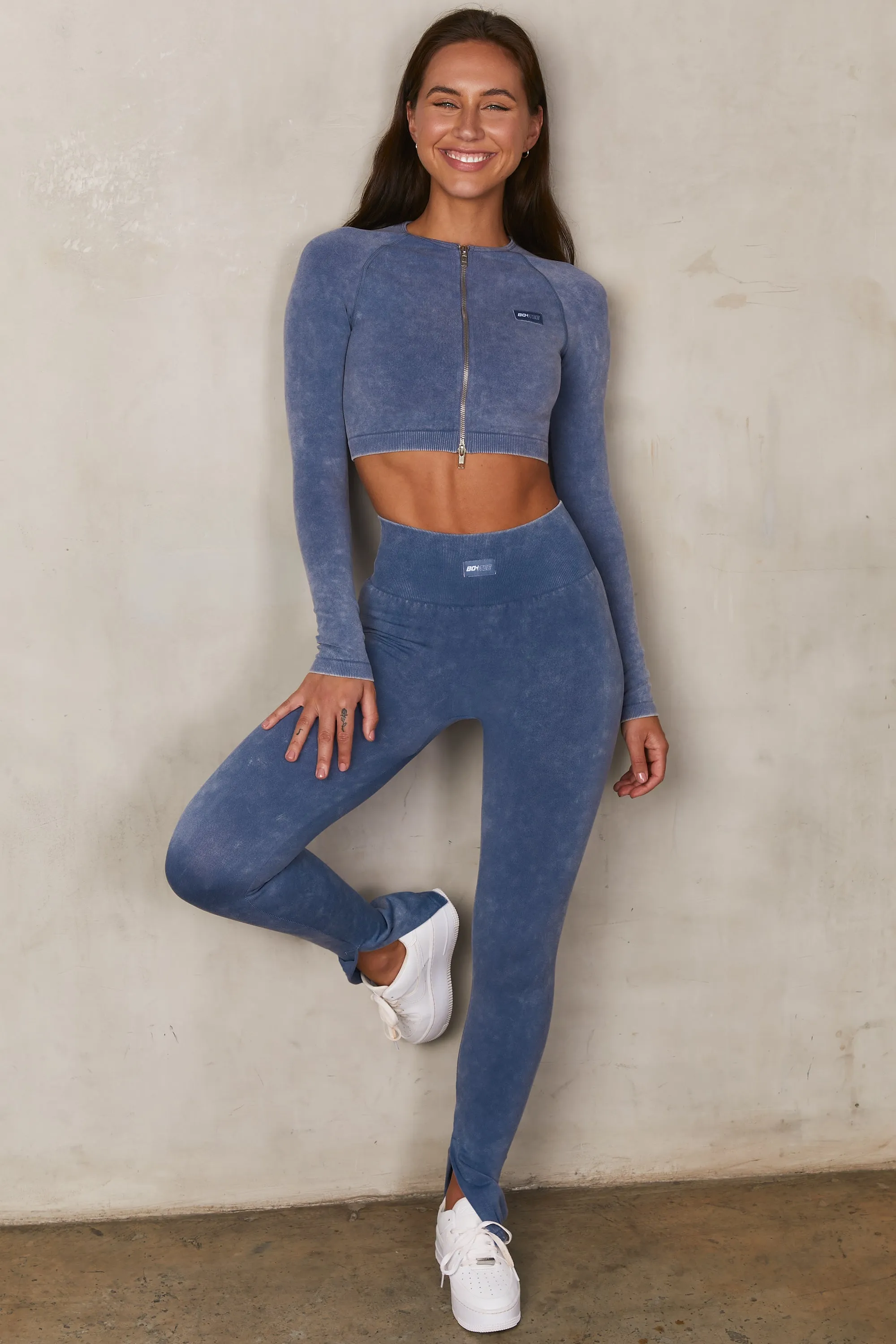 Seamless Acid Wash Zip Crop Top in Indigo sold by Oh Polly product image thumbnail 5