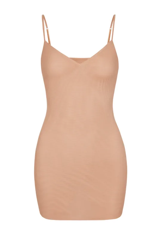 Soft Mesh V-Neck Mini Slip Dress in Warm Peach sold by Oh Polly
