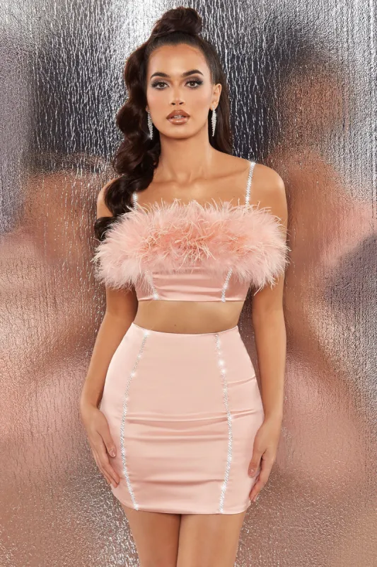 Bring The Party Embellished Satin Mini Skirt in Blush sold by Oh Polly