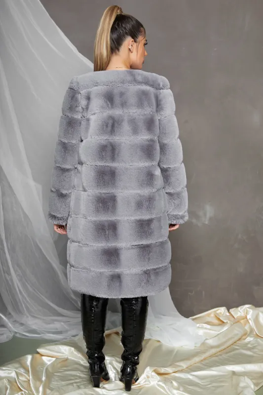 Executive Longline Panel Faux Fur Coat in Grey sold by Oh Polly