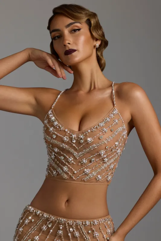 Hand Embellished Sheer Cami Crop Top in Almond sold by Oh Polly