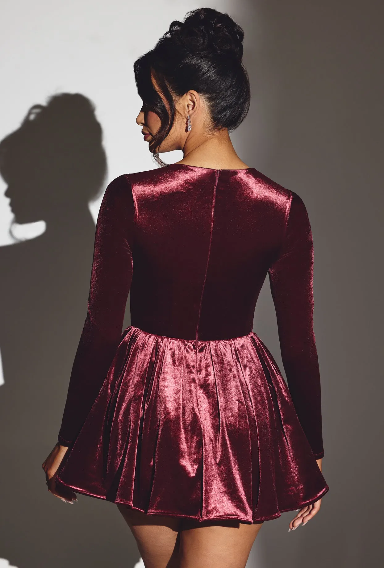 velvet long sleeve corset mini dress ASOS DESIGN velvet corset detail blouson sleeve mini dress in burgundy