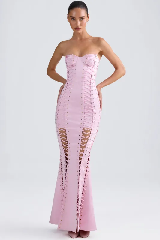 Lace-Up Corset Gown in Light Pink sold by Oh Polly