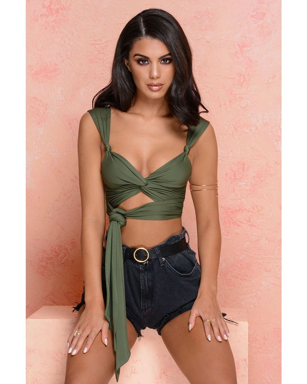 Twist My Words Strappy Twist Front Crop Top in Khaki sold by Oh Polly
