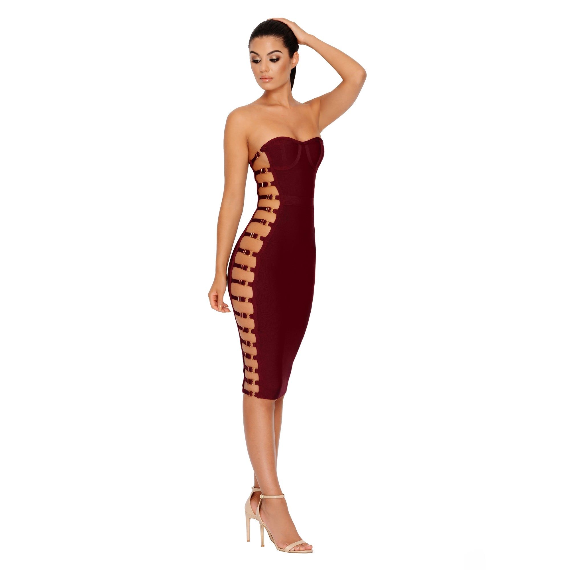 Side Or Die Chick Bandage Bandeau Dress in Burgundy sold by Oh Polly product image thumbnail 6