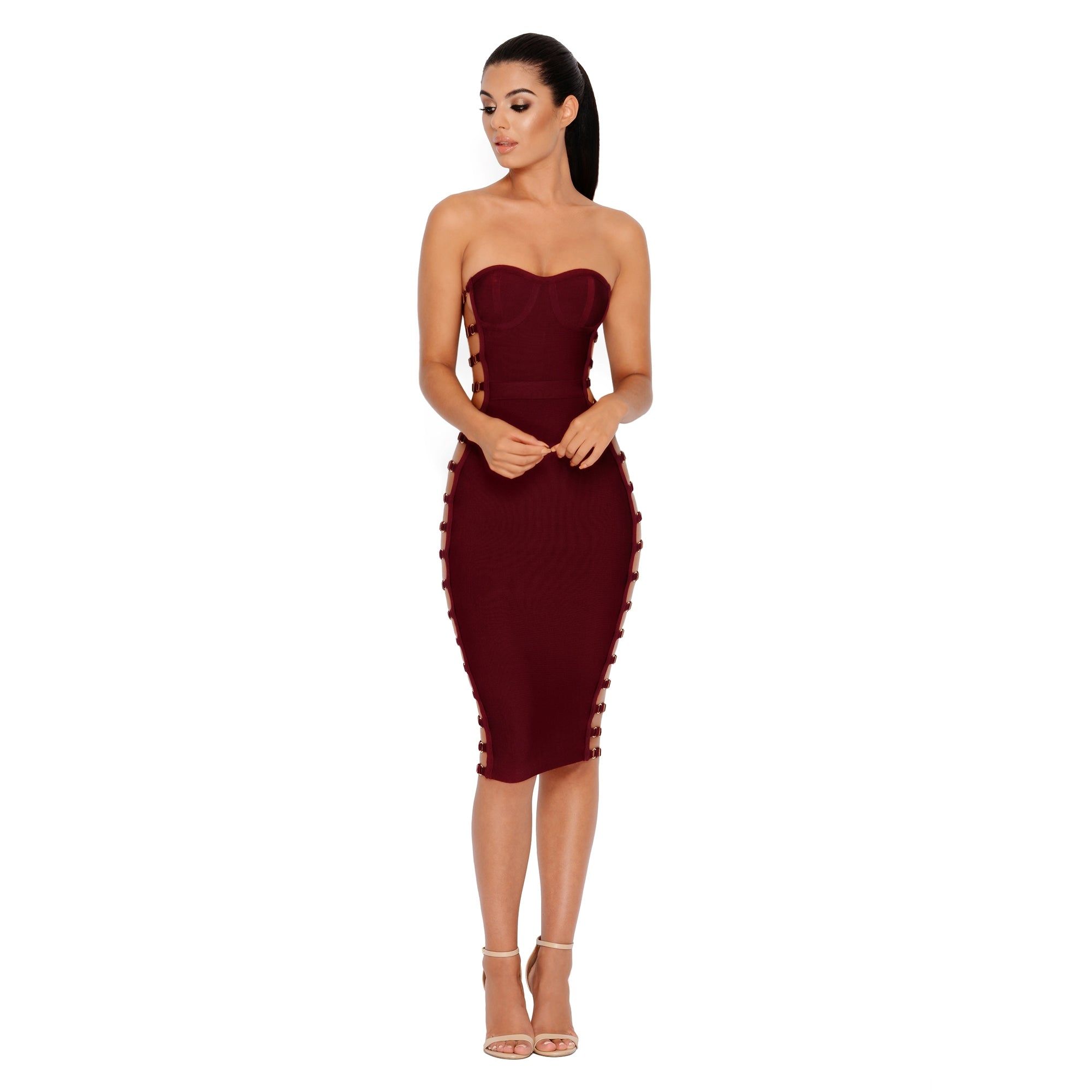 Side Or Die Chick Bandage Bandeau Dress in Burgundy sold by Oh Polly product image thumbnail 4