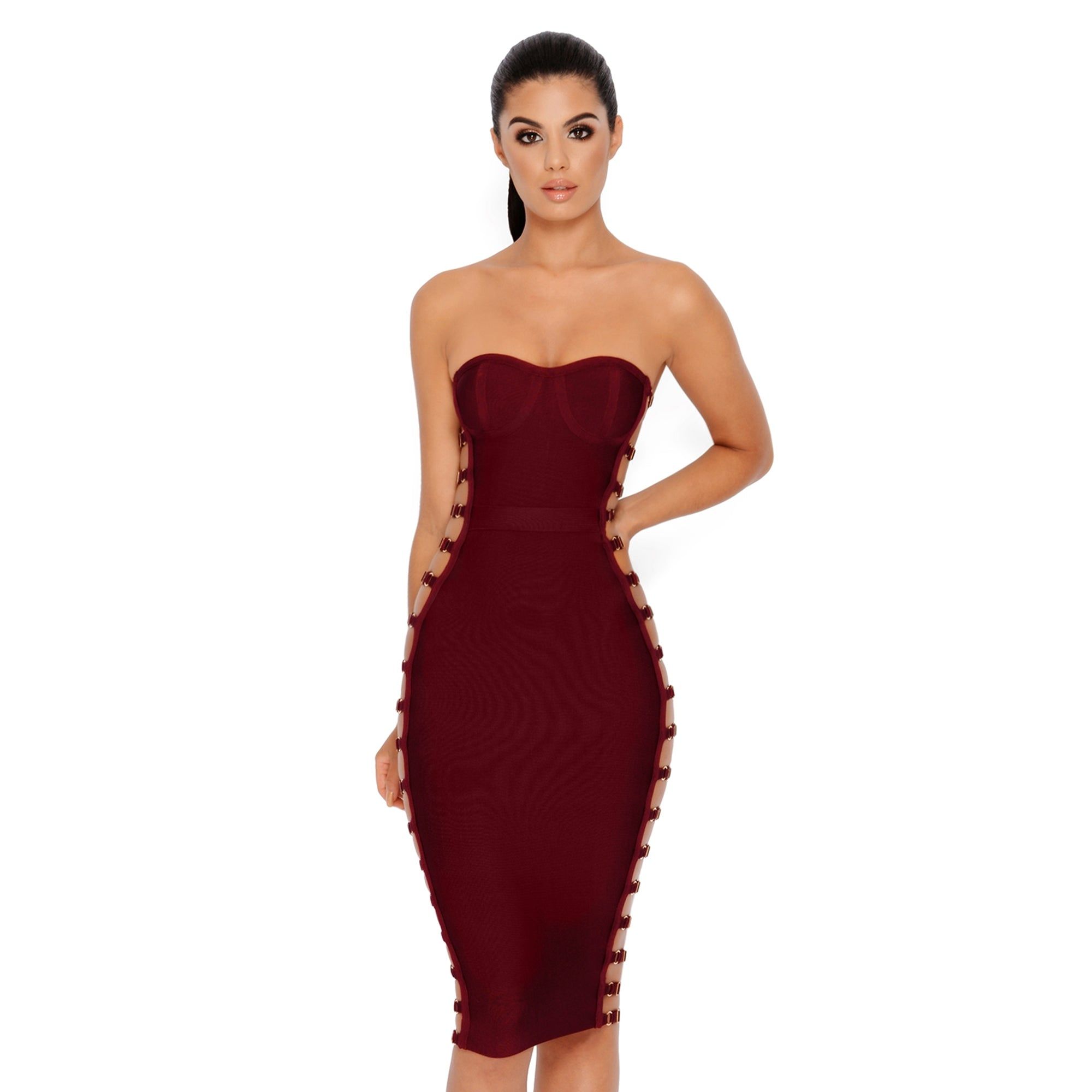 Side Or Die Chick Bandage Bandeau Dress in Burgundy sold by Oh Polly