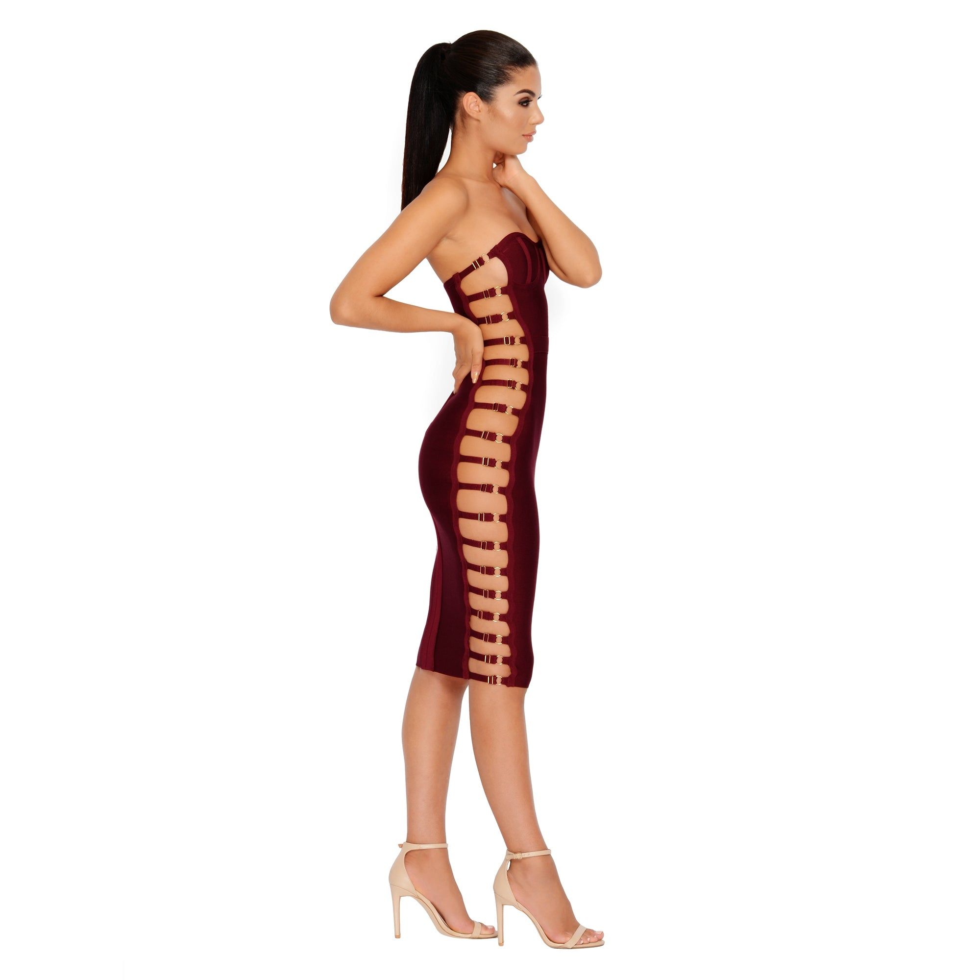 Side Or Die Chick Bandage Bandeau Dress in Burgundy sold by Oh Polly product image thumbnail 7