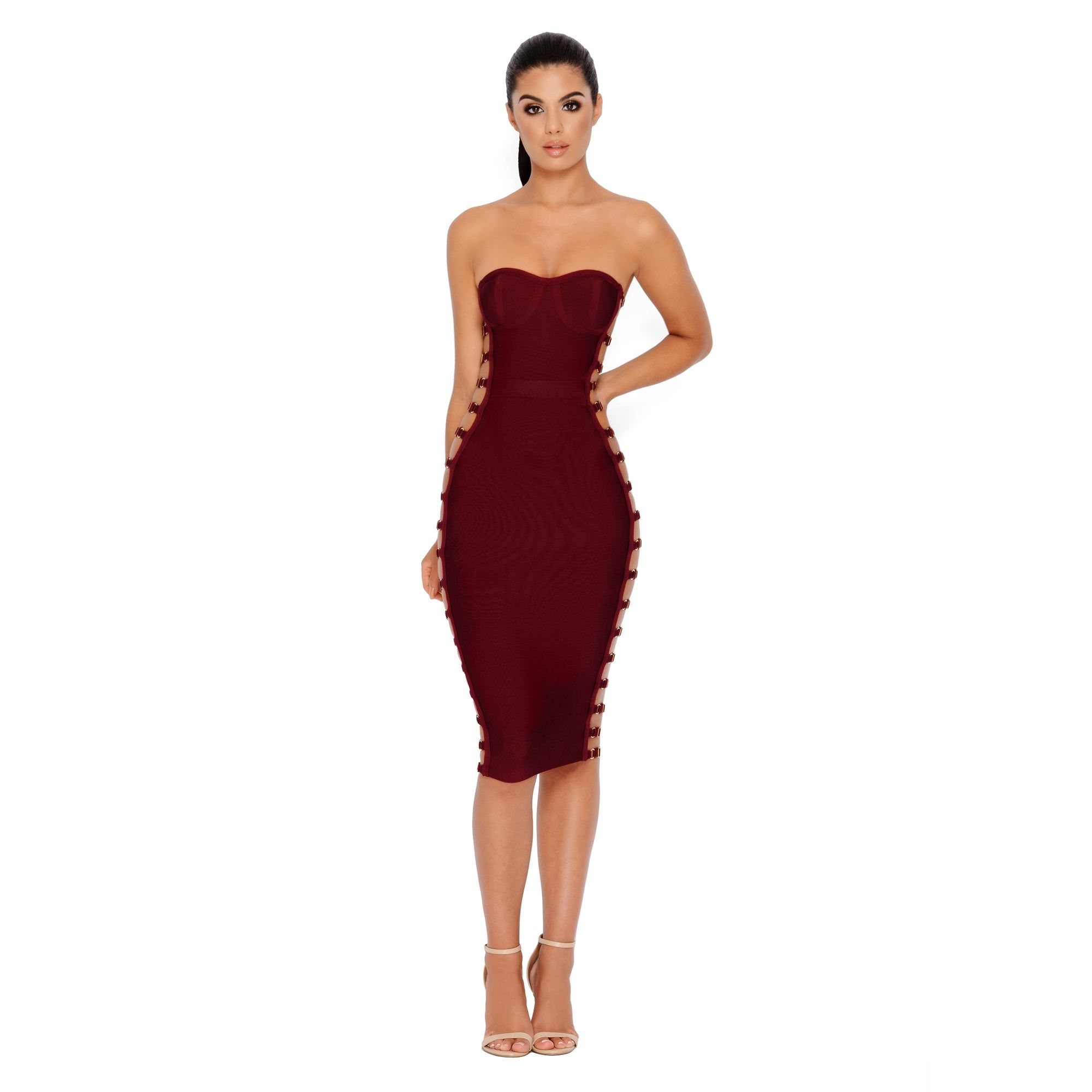 Side Or Die Chick Bandage Bandeau Dress in Burgundy sold by Oh Polly product image thumbnail 2